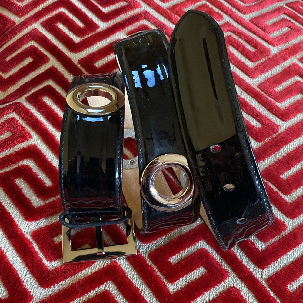 Genuine Patent Black Leather Shiny Silver Circle Belt